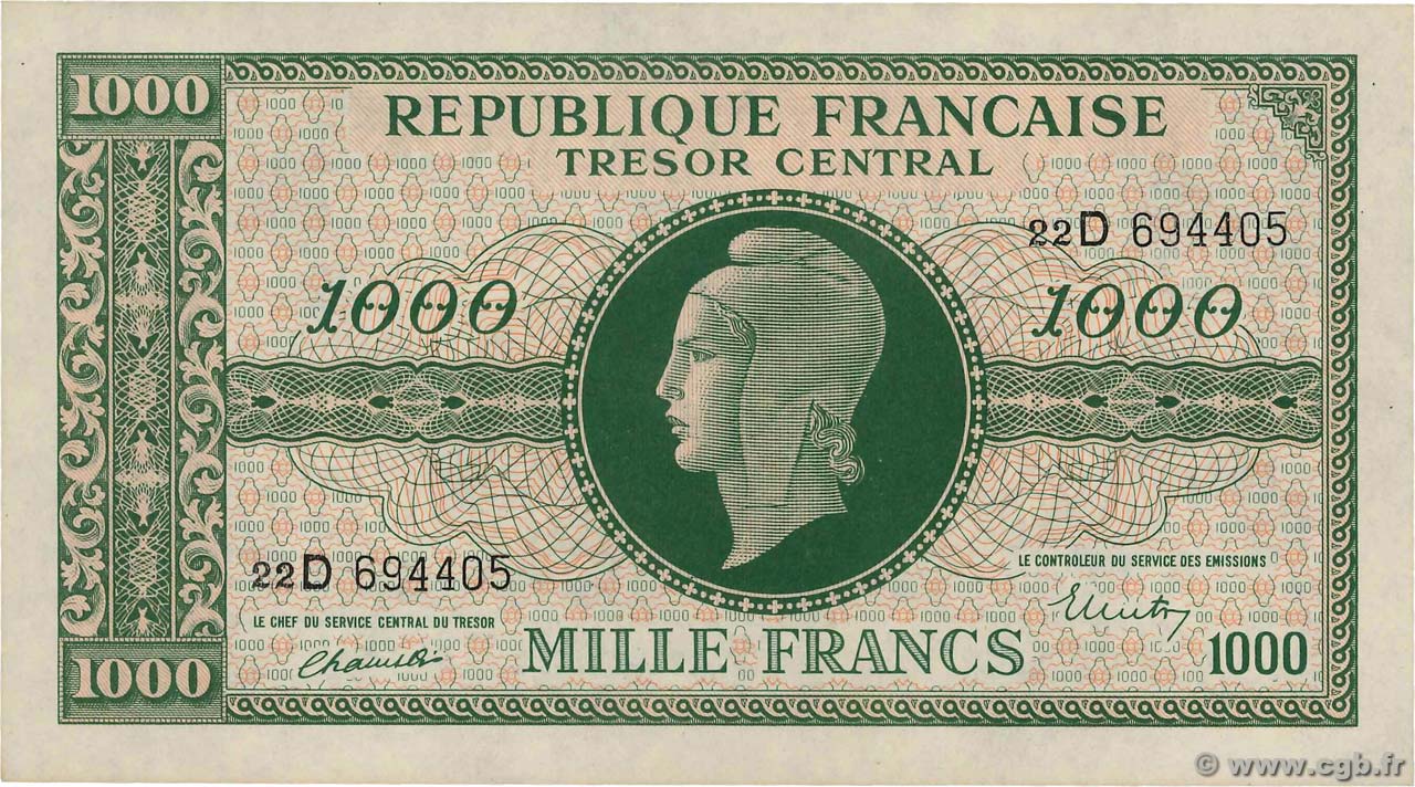 1000 Francs MARIANNE THOMAS DE LA RUE FRANCE  1945 VF.13.01 UNC-