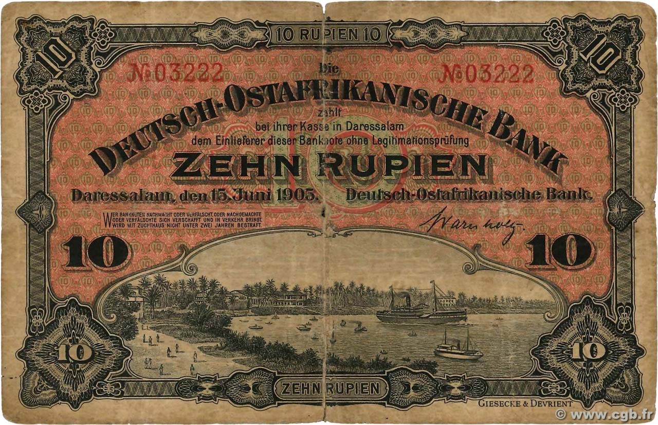 10 Rupien Deutsch Ostafrikanische Bank  1905 P.02 RC+