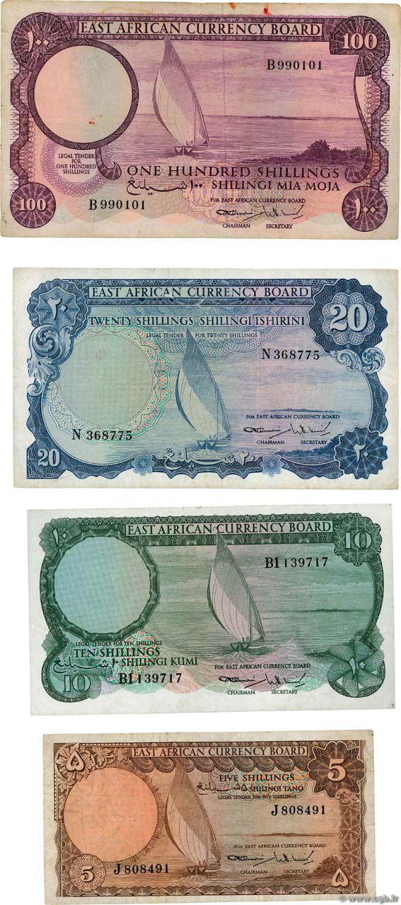 5, 10, 20 et 100 Shillings ÁFRICA ORIENTAL BRITÁNICA  1964 P.45a au P.48a BC a MBC