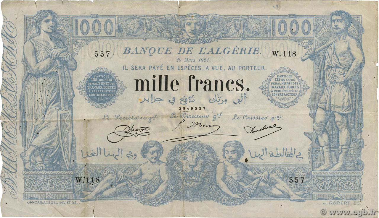 1000 Francs ALGERIA  1924 P.076b F+