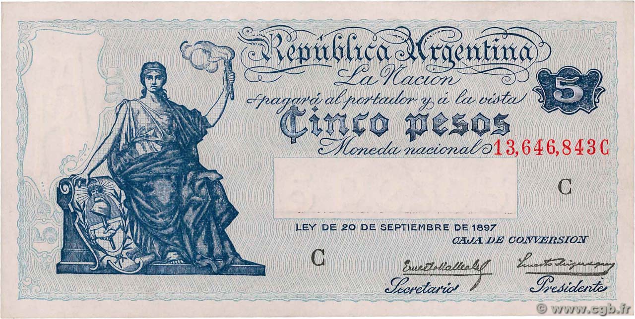 5 Pesos ARGENTINA  1933 P.244c SPL