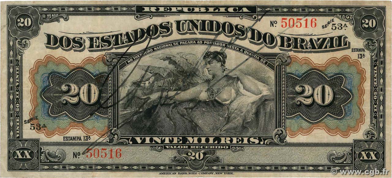 20 Mil Reis BRAZIL  1912 P.045 F+