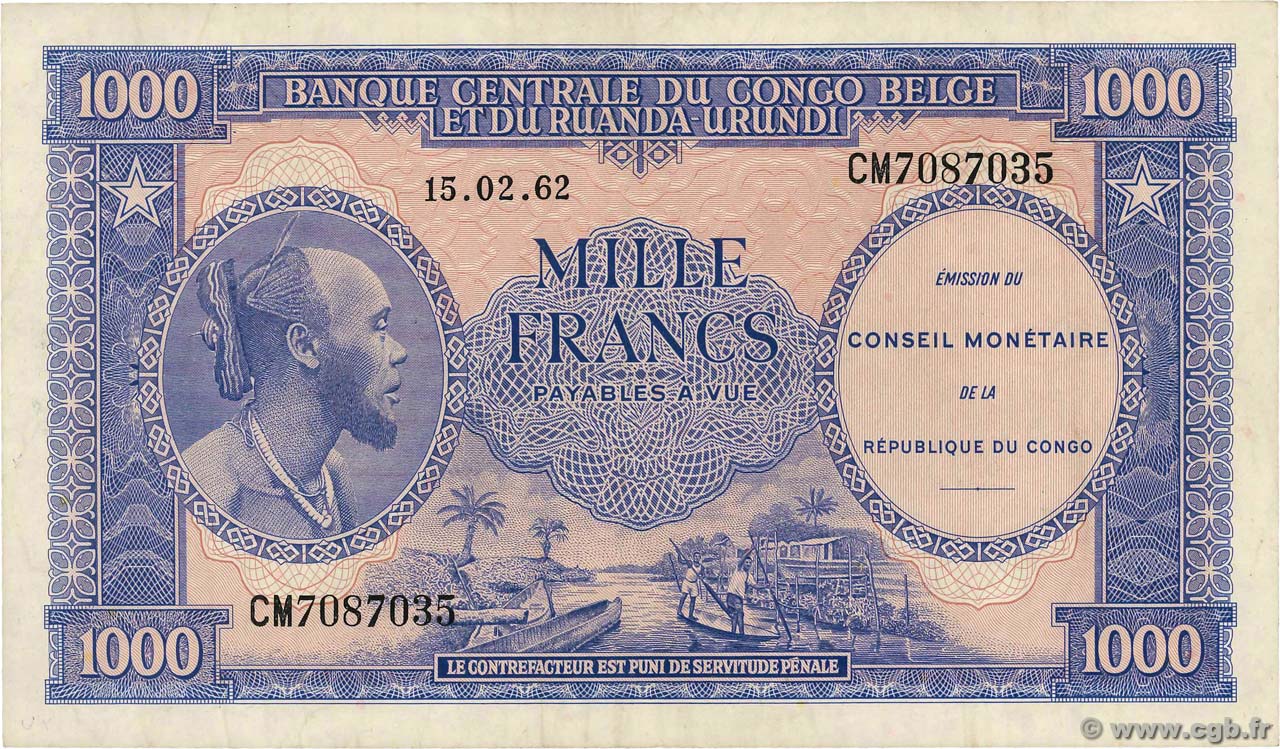 1000 Francs CONGO, DEMOCRATIC REPUBLIC  1962 P.002a VF+