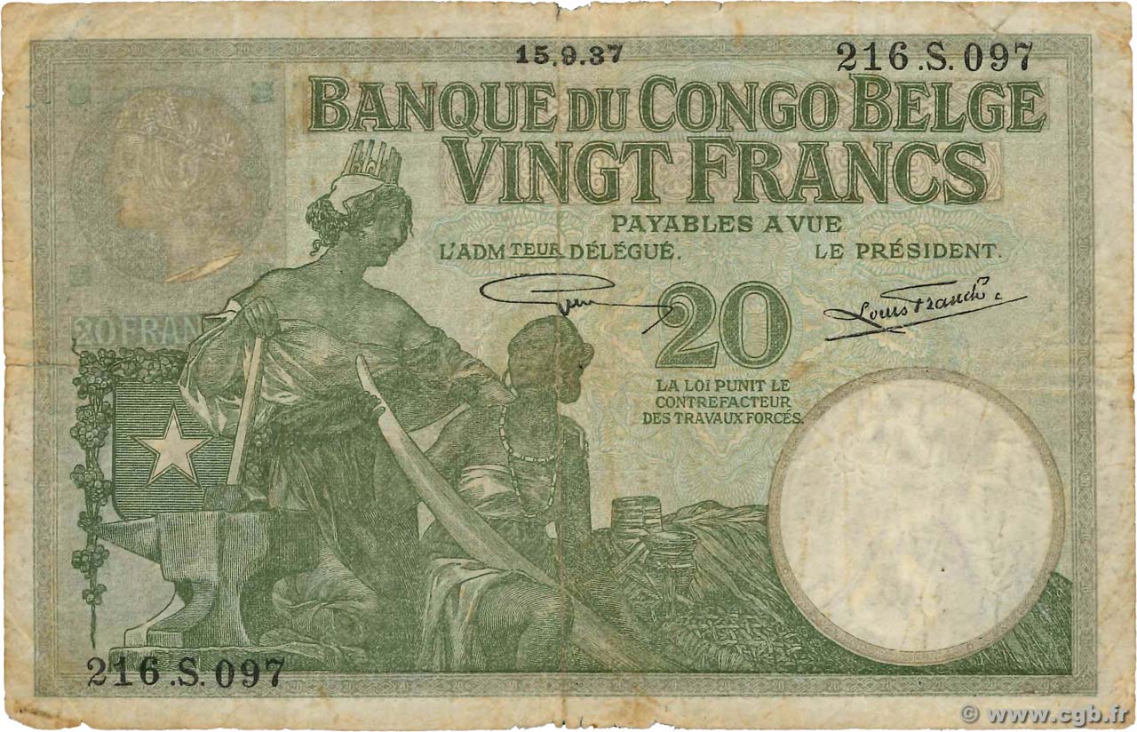 20 Francs BELGA CONGO  1937 P.10f RC