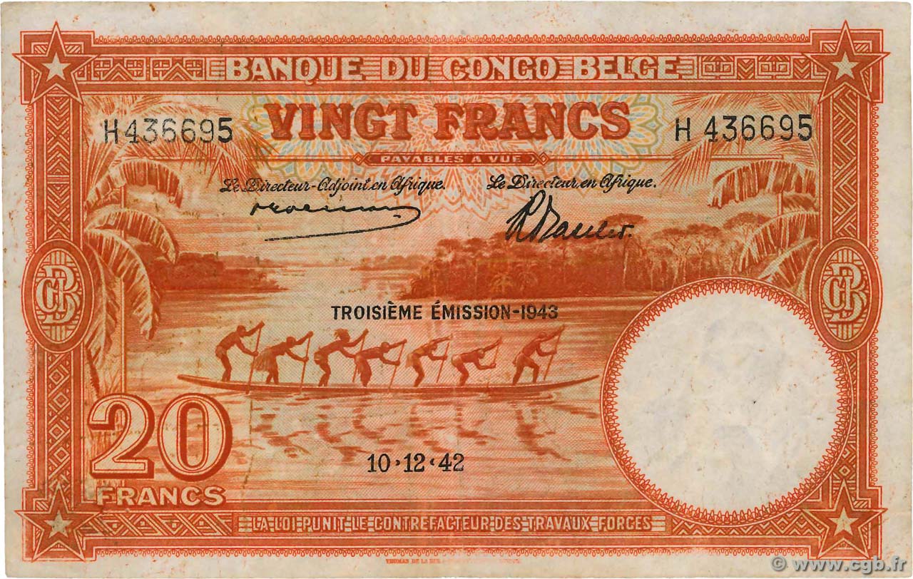 20 Francs CONGO BELGA  1942 P.15B MB