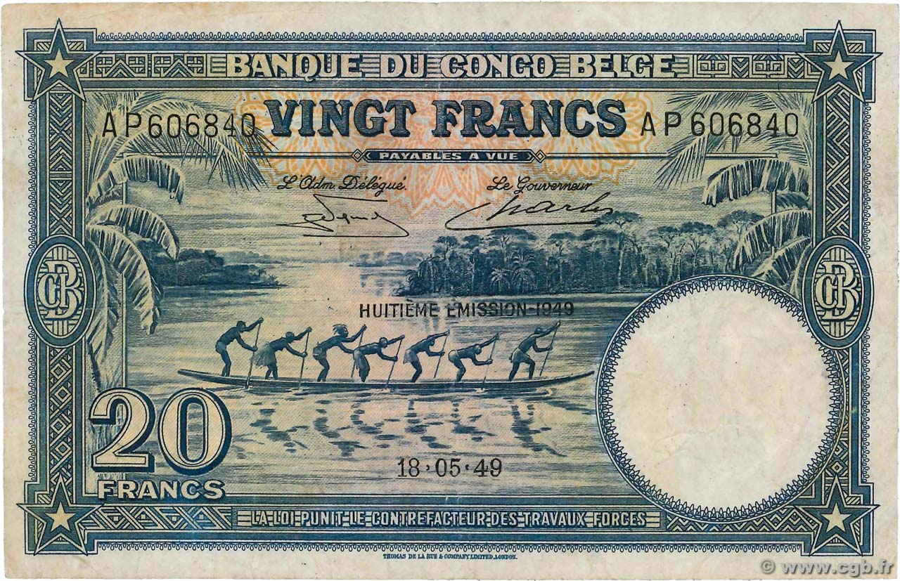 20 Francs CONGO BELGA  1949 P.15G MB