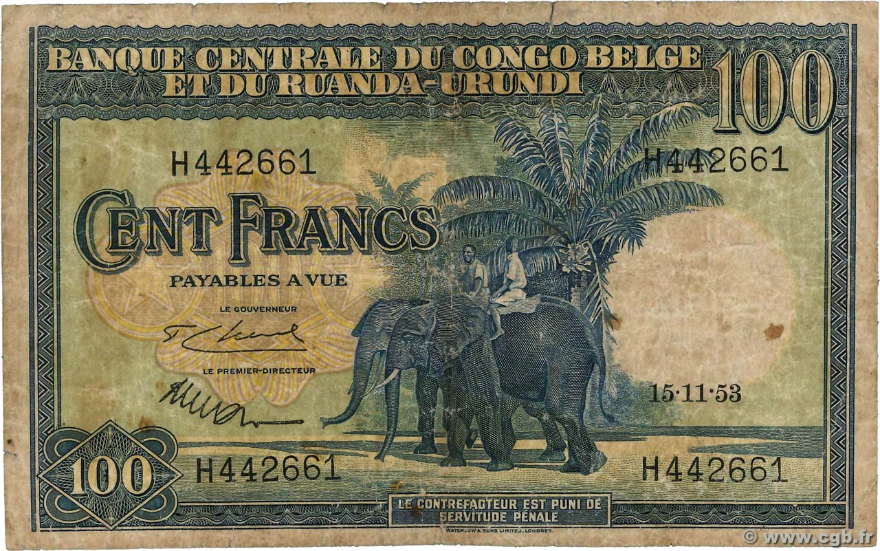 100 Francs BELGISCH-KONGO  1953 P.25a SGE