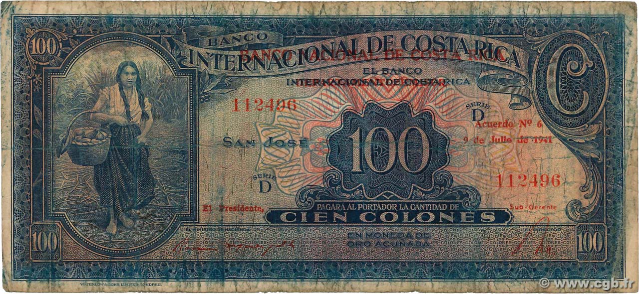 100 Colones COSTA RICA  1941 P.194b MB