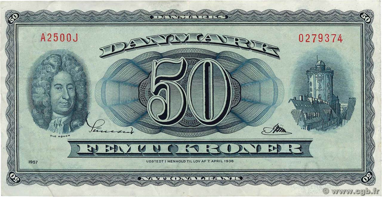 50 Kroner DINAMARCA  1957 P.045r3 MB a BB