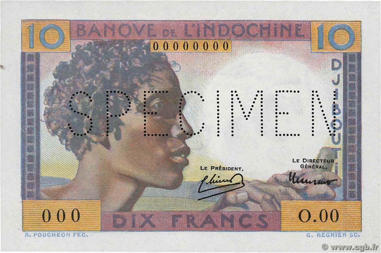 10 Francs DSCHIBUTI   1946 P.19s fST+