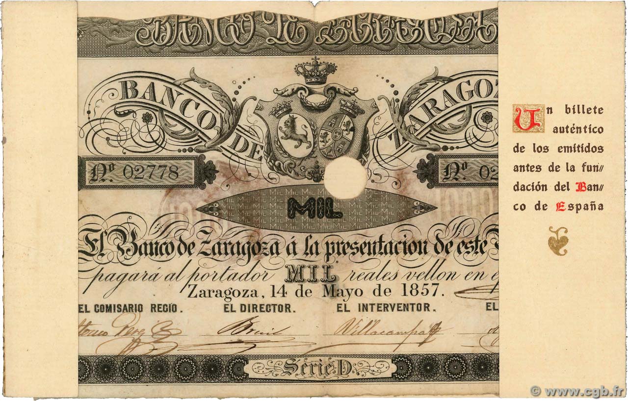 1000 Reales De Vellon Annulé ESPAGNE Zaragoza 1857 PS.454 pr.TTB