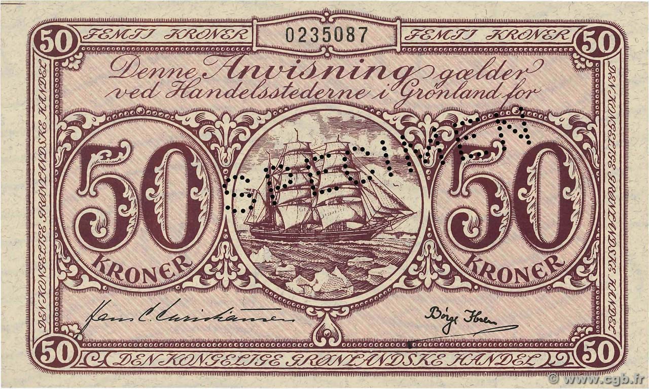 50 Kroner Spécimen GROENLANDIA  1953 P.20as q.FDC