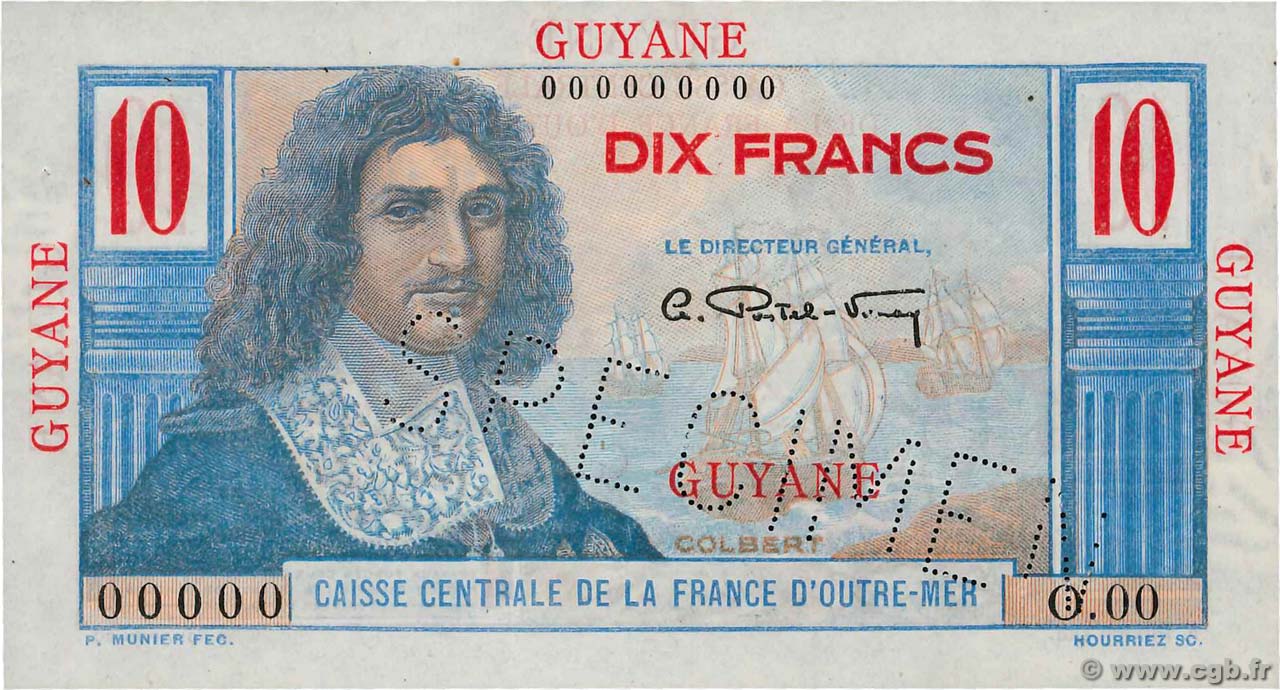 10 Francs Colbert Spécimen FRENCH GUIANA  1946 P.20s EBC+