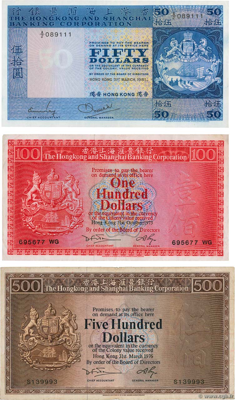 50, 100 et 500 Dollars HONG KONG  1976 P.184 au P.186 MB a BB