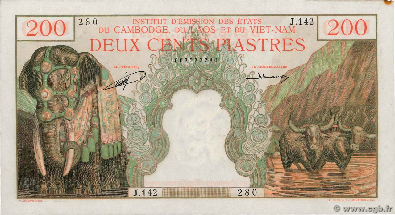 200 Piastres - 200 Riels INDOCINA FRANCESE  1953 P.098 SPL+