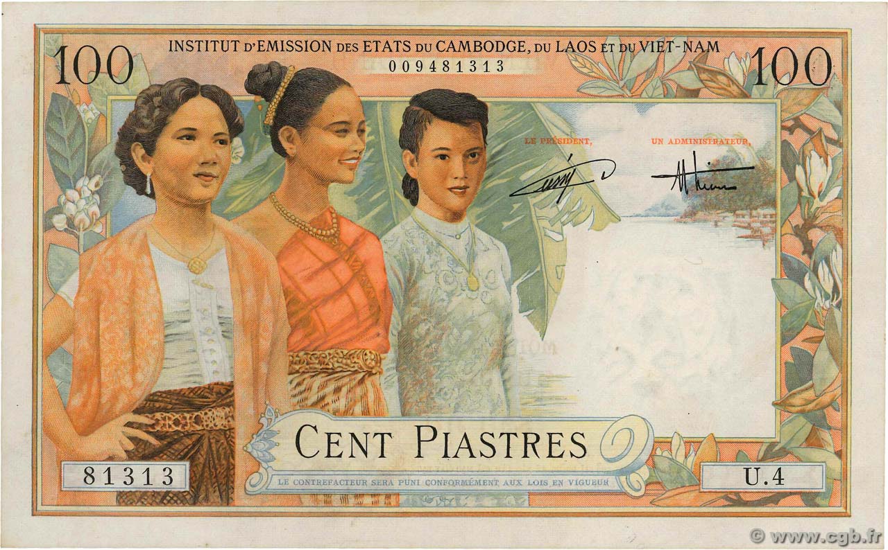 100 Piastres - 100 Dong FRANZÖSISCHE-INDOCHINA  1954 P.108 fVZ