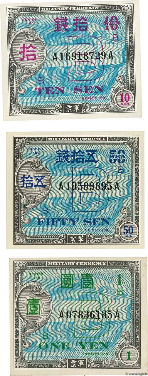 10, 50 Sen et 1 Yen JAPóN  1945 P.063, P.065, P067a SC+