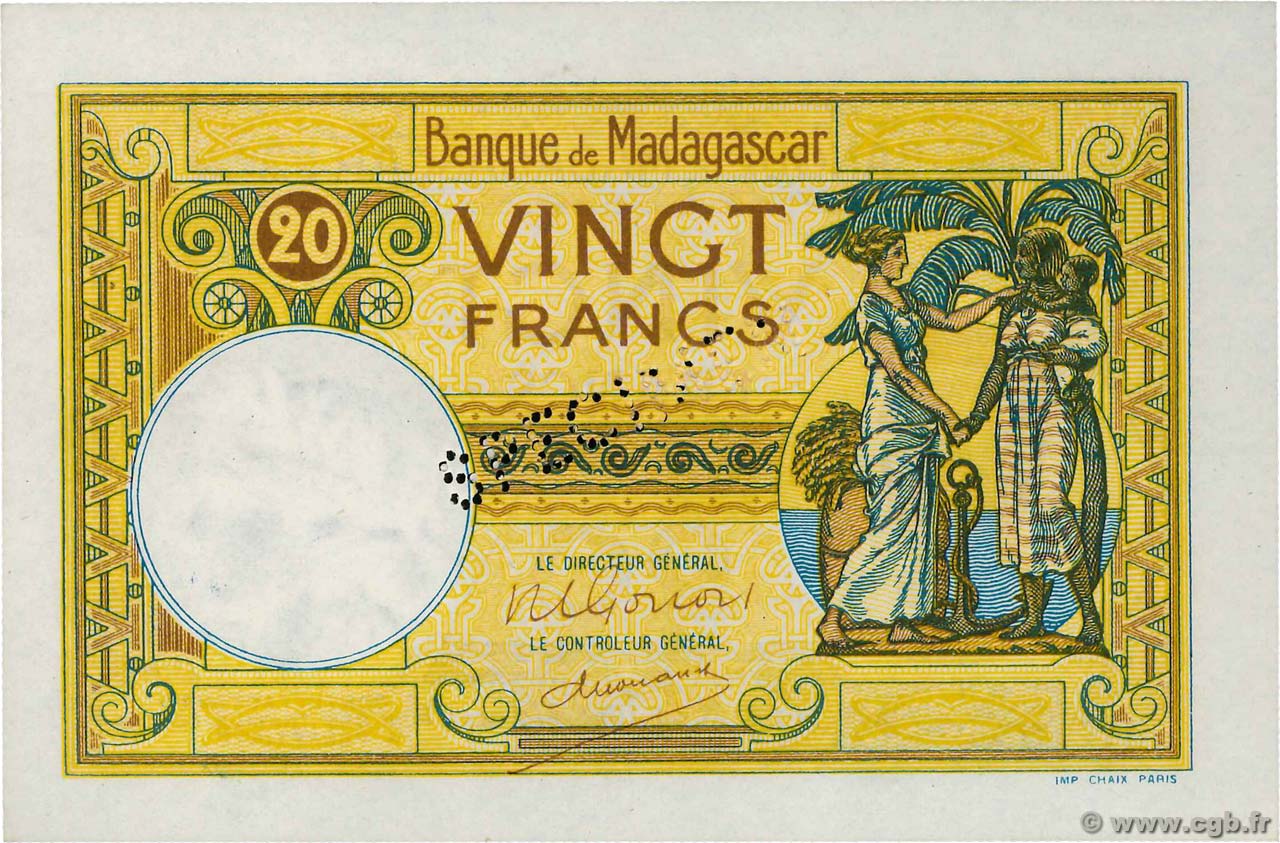 20 Francs Spécimen MADAGASCAR  1948 P.037s UNC-