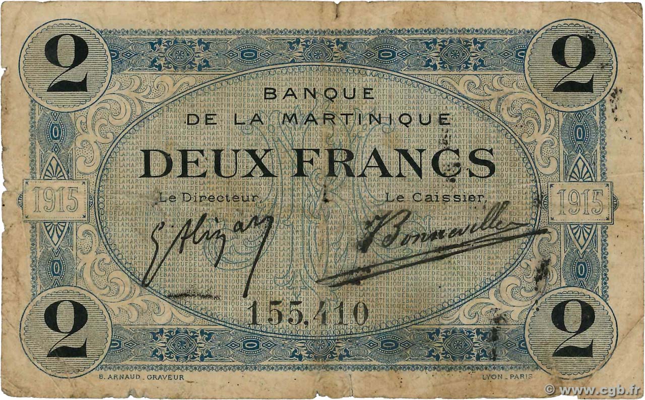 2 Francs MARTINIQUE  1915 P.11 B+
