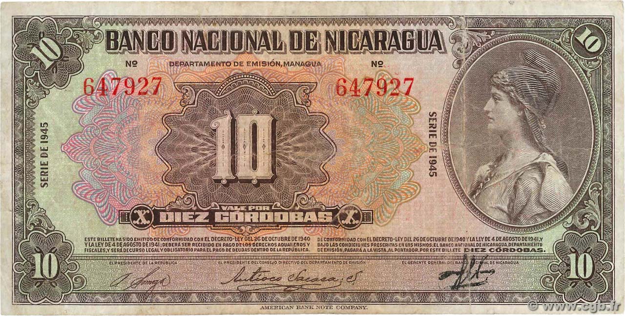 10 Cordobas NICARAGUA  1945 P.094b BC