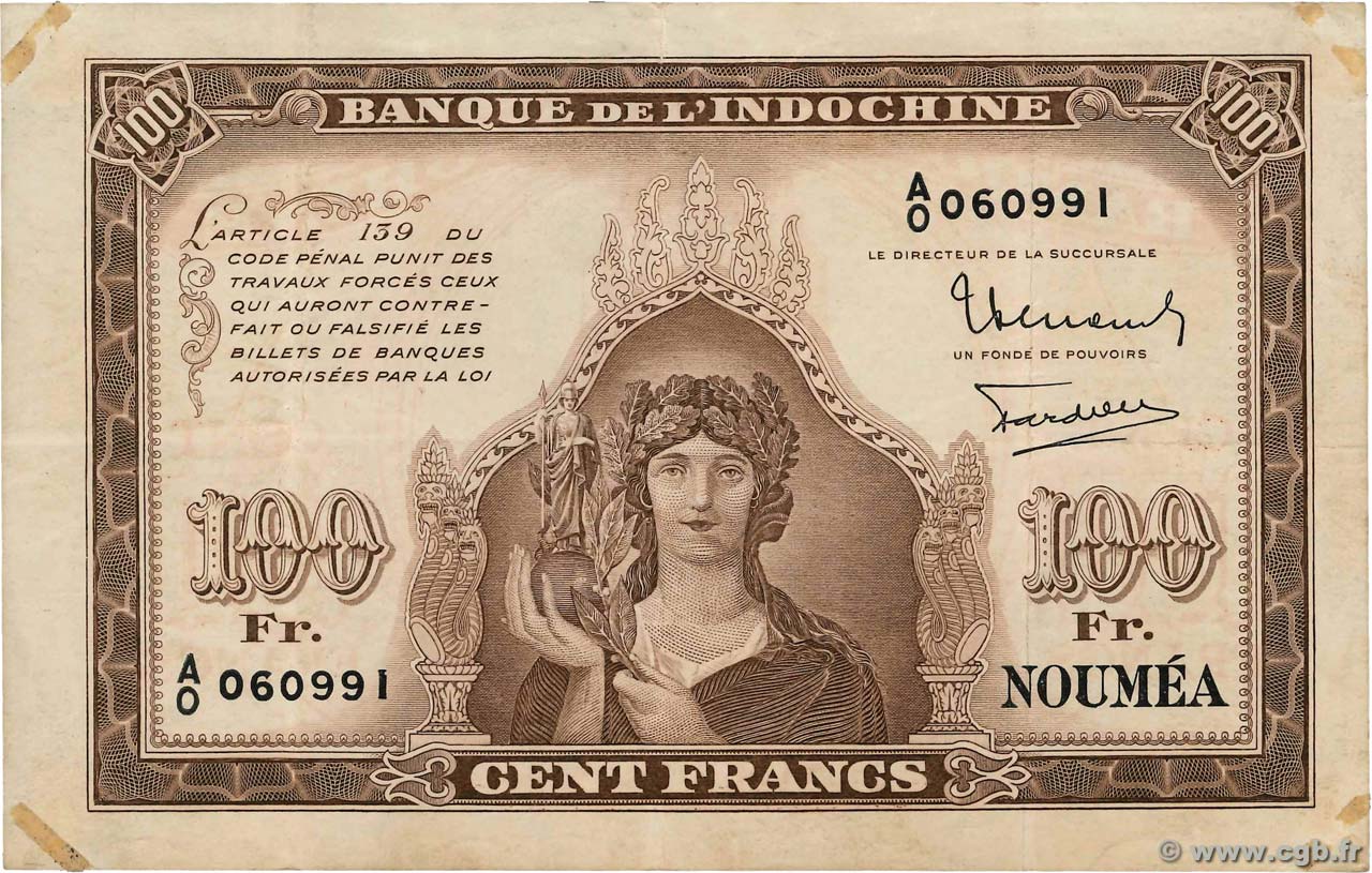 100 Francs NEW CALEDONIA  1942 P.44 VF-