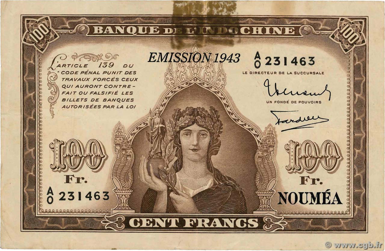 100 Francs NEW CALEDONIA  1943 P.46a VF-