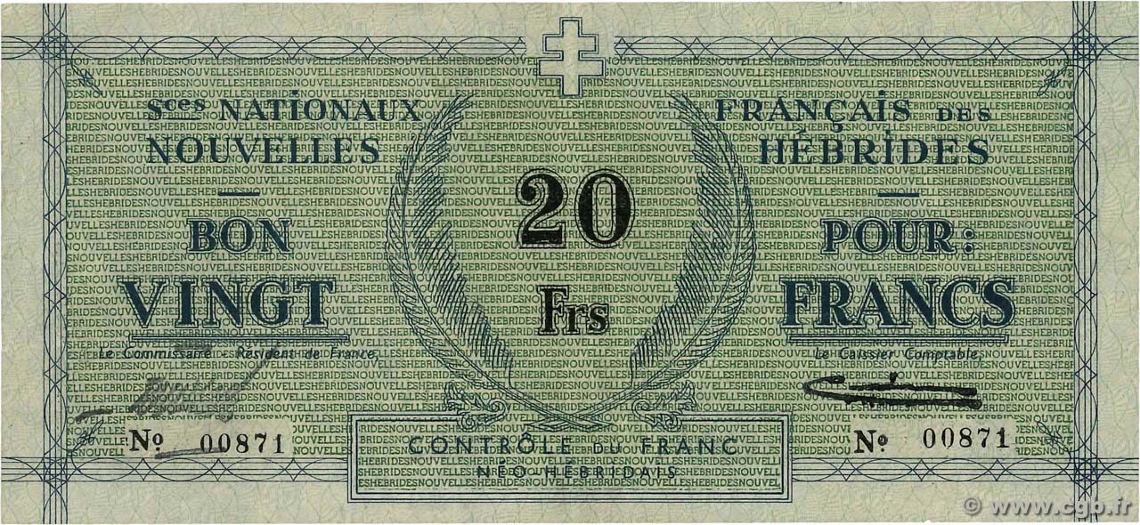 20 Francs NOUVELLES HÉBRIDES  1943 P.02 TTB