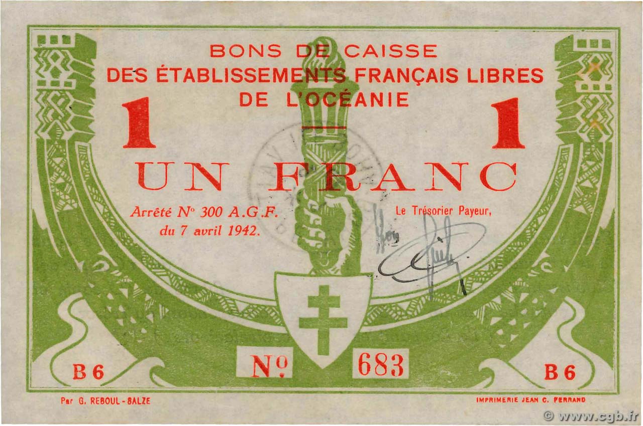 1 Franc OCEANIA  1942 P.08 XF-