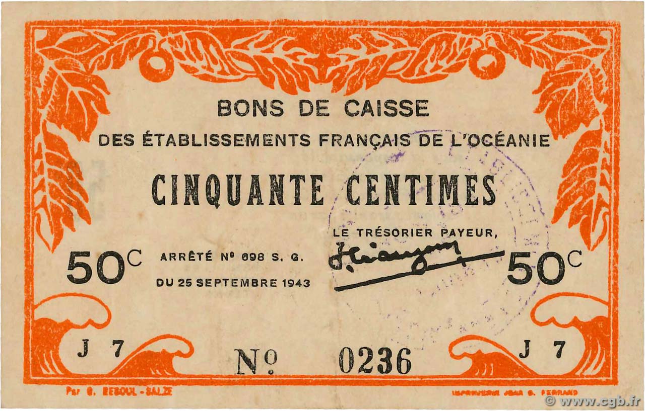 50 Centimes OCÉANIE  1943 P.10a TTB