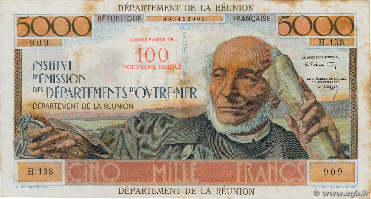 100 NF sur 5000 Francs Schoelcher REUNION ISLAND  1971 P.56b VF