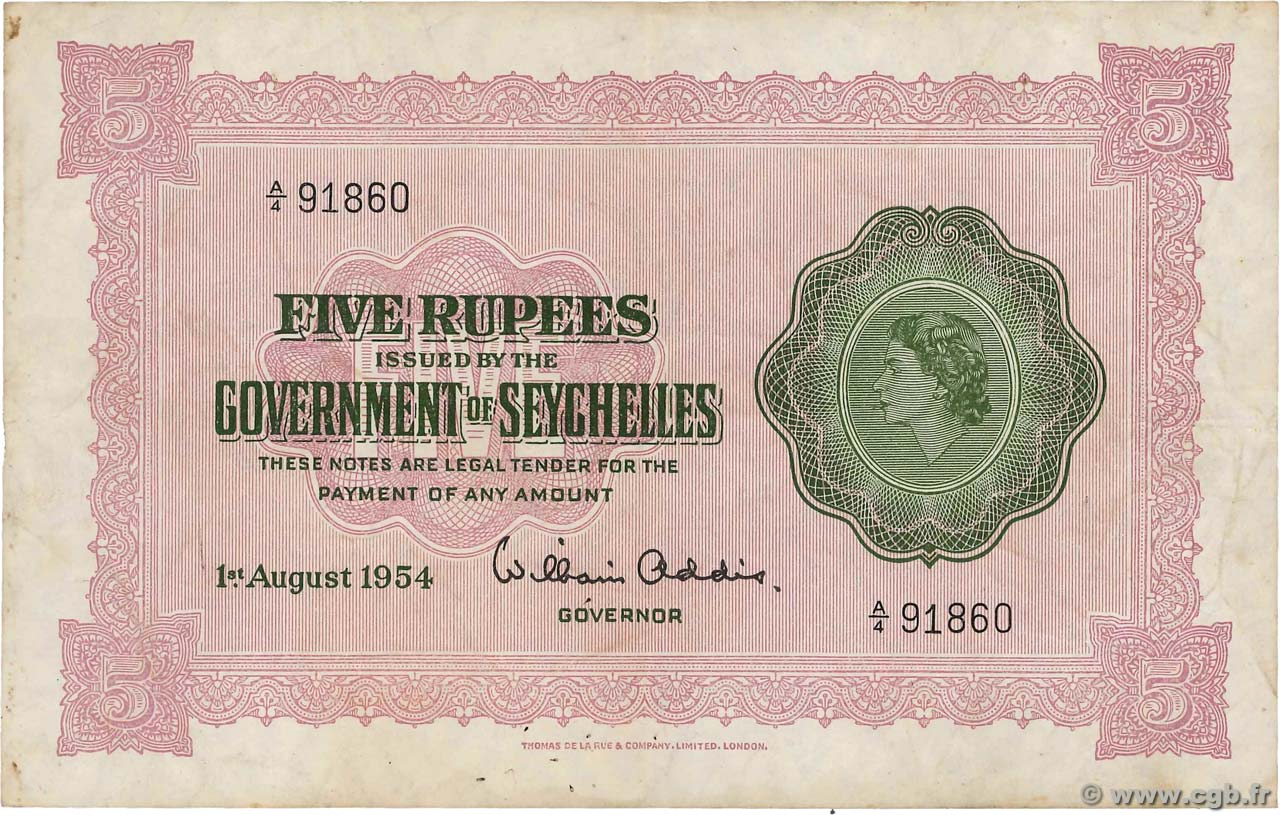 5 Rupees SEYCHELLES  1954 P.11a pr.TTB