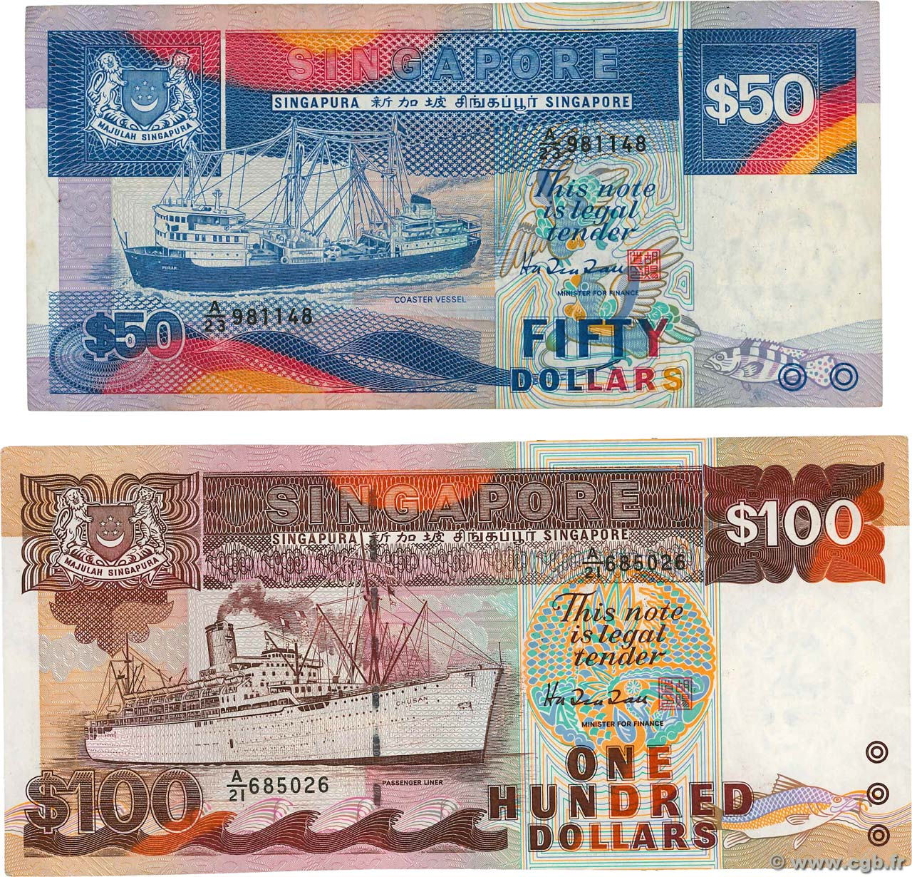 50 et 100 Dollars SINGAPUR  1987 P.22a et P.23c BC+