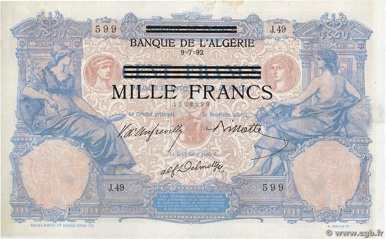 1000 Francs sur 100 Francs TUNISIA  1892 P.31 XF