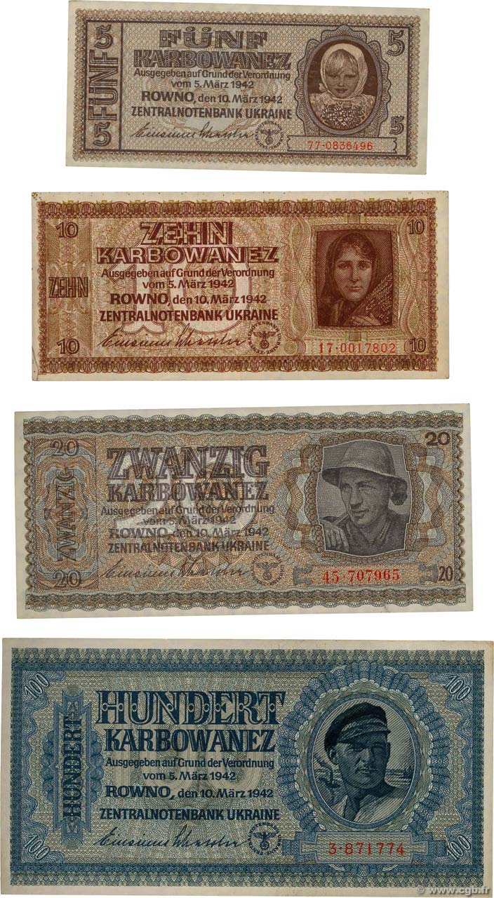 5,10 20 et 100 Karbowanez UKRAINE  1942 P.051 au P.053 et P.055 TTB à SUP