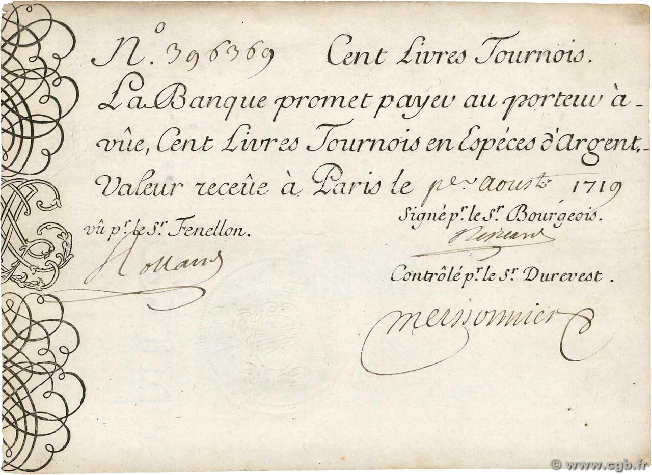 100 Livres Tournois gravé FRANCE  1719 Dor.07 SUP