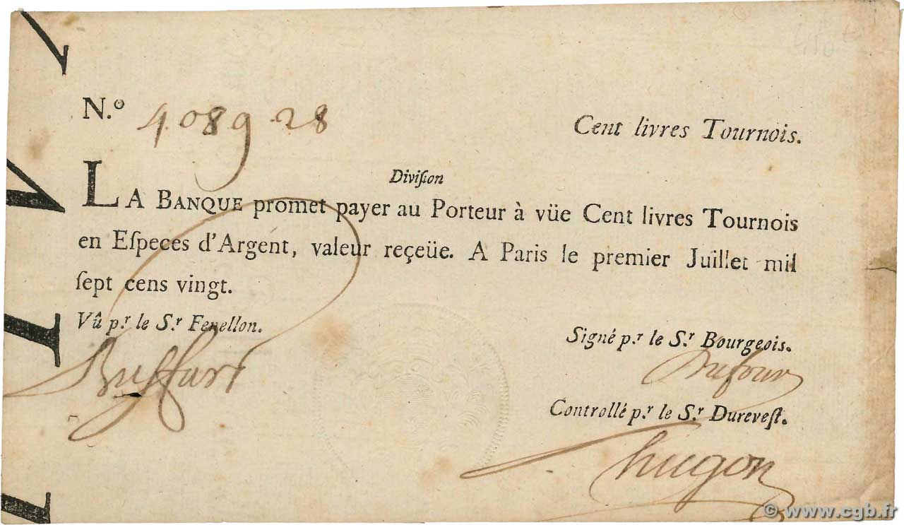 100 Livres Tournois typographié FRANKREICH  1720 Dor.27 fVZ