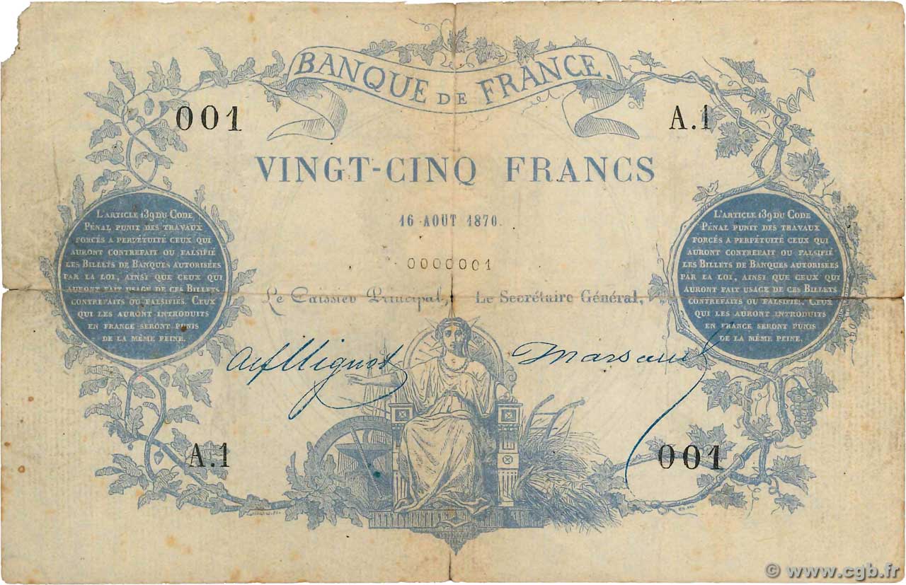 25 Francs type 1870 Paris Petit numéro FRANCIA  1870 F.A43.01 MB