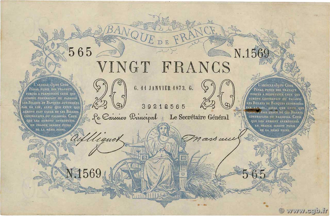 20 Francs type 1871 dates erronées FRANCE  1873 F.A46bis.01 VF