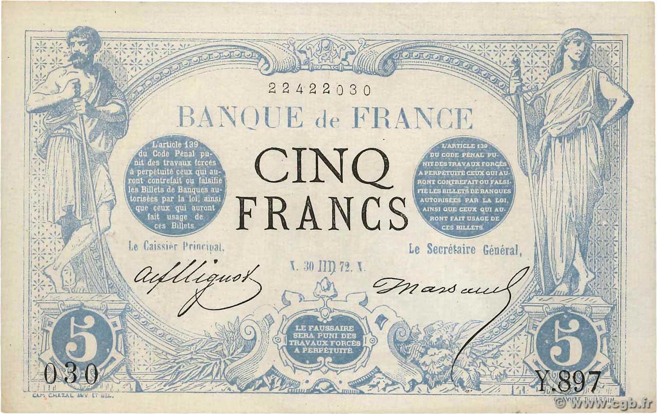 5 Francs NOIR FRANCE  1872 F.01.09 XF+