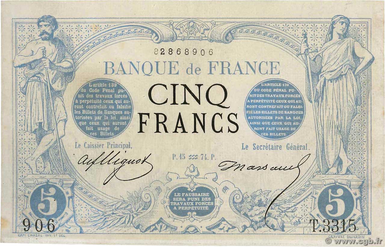5 Francs NOIR FRANCE  1874 F.01.25 SUP