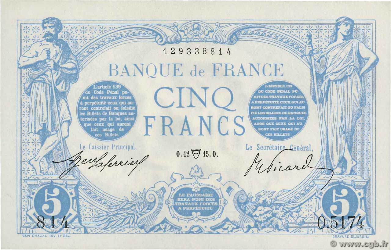 5 Francs BLEU FRANCIA  1915 F.02.26 q.FDC