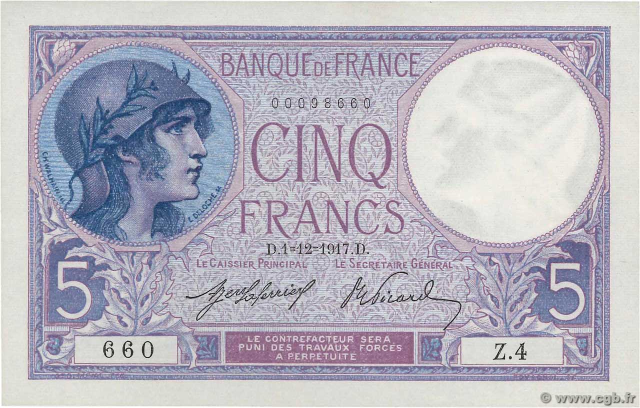 5 Francs FEMME CASQUÉE Petit numéro FRANKREICH  1917 F.03.01 fST+