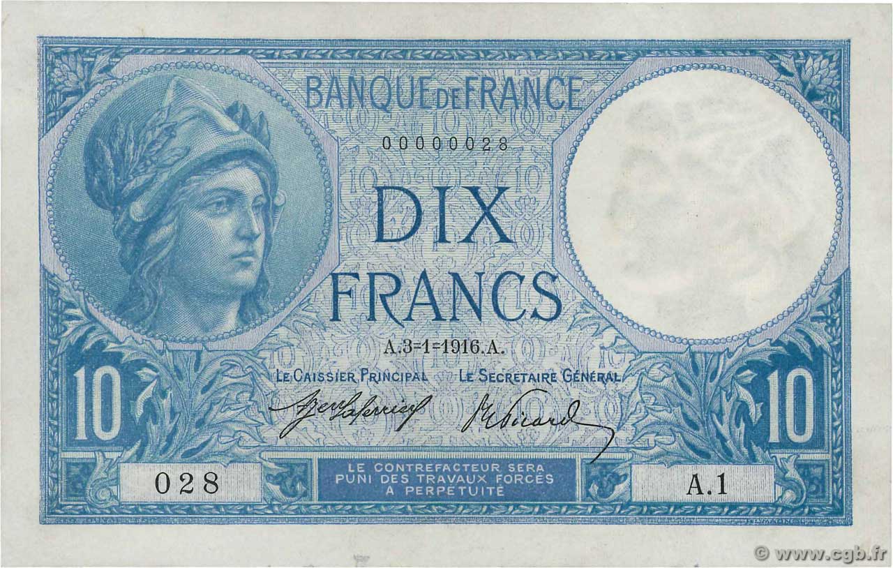 10 Francs MINERVE Petit numéro FRANCIA  1916 F.06.01A1 q.FDC