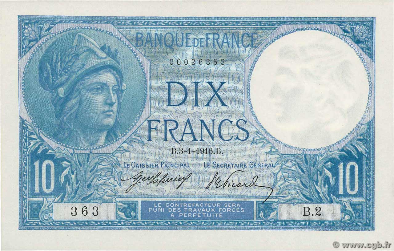 10 Francs MINERVE Petit numéro FRANKREICH  1916 F.06.01 fST+