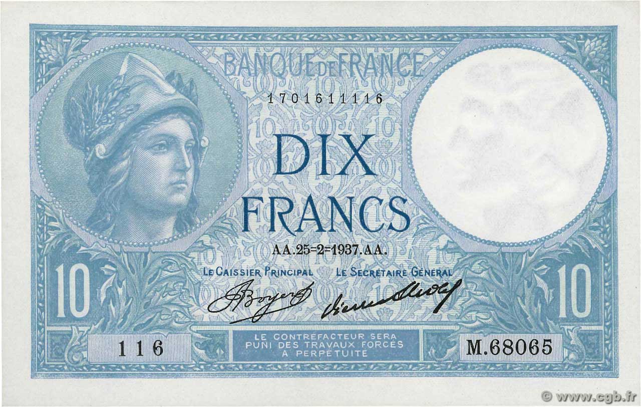 10 Francs MINERVE FRANCIA  1937 F.06.18 AU+