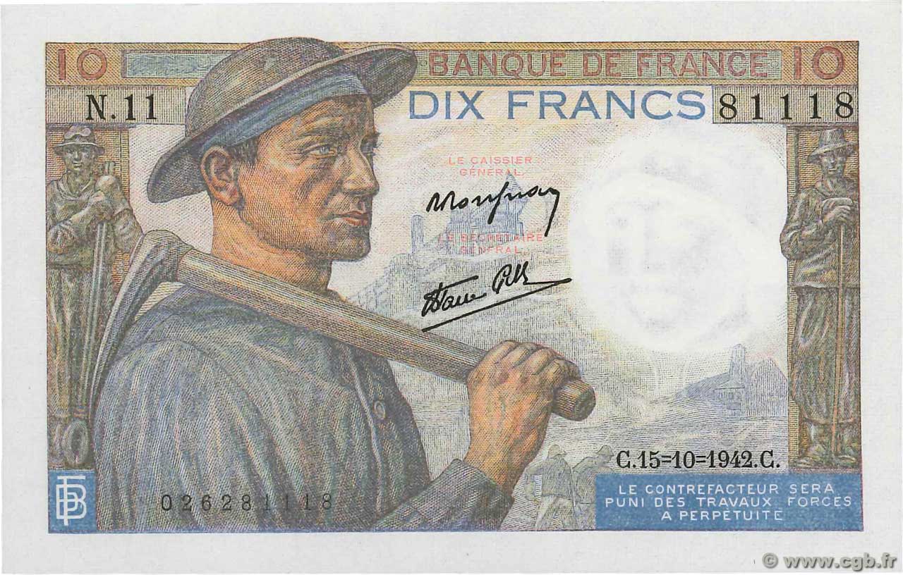 10 Francs MINEUR Numéro radar FRANCIA  1942 F.08.04 FDC