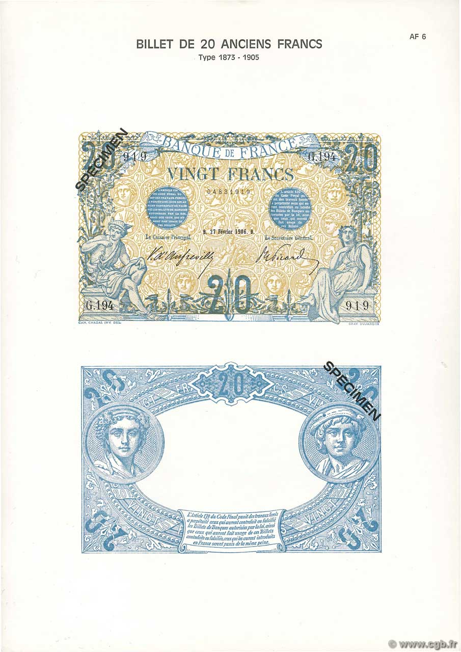 20 Francs BLEU Planche FRANKREICH  1975 F.10pl ST