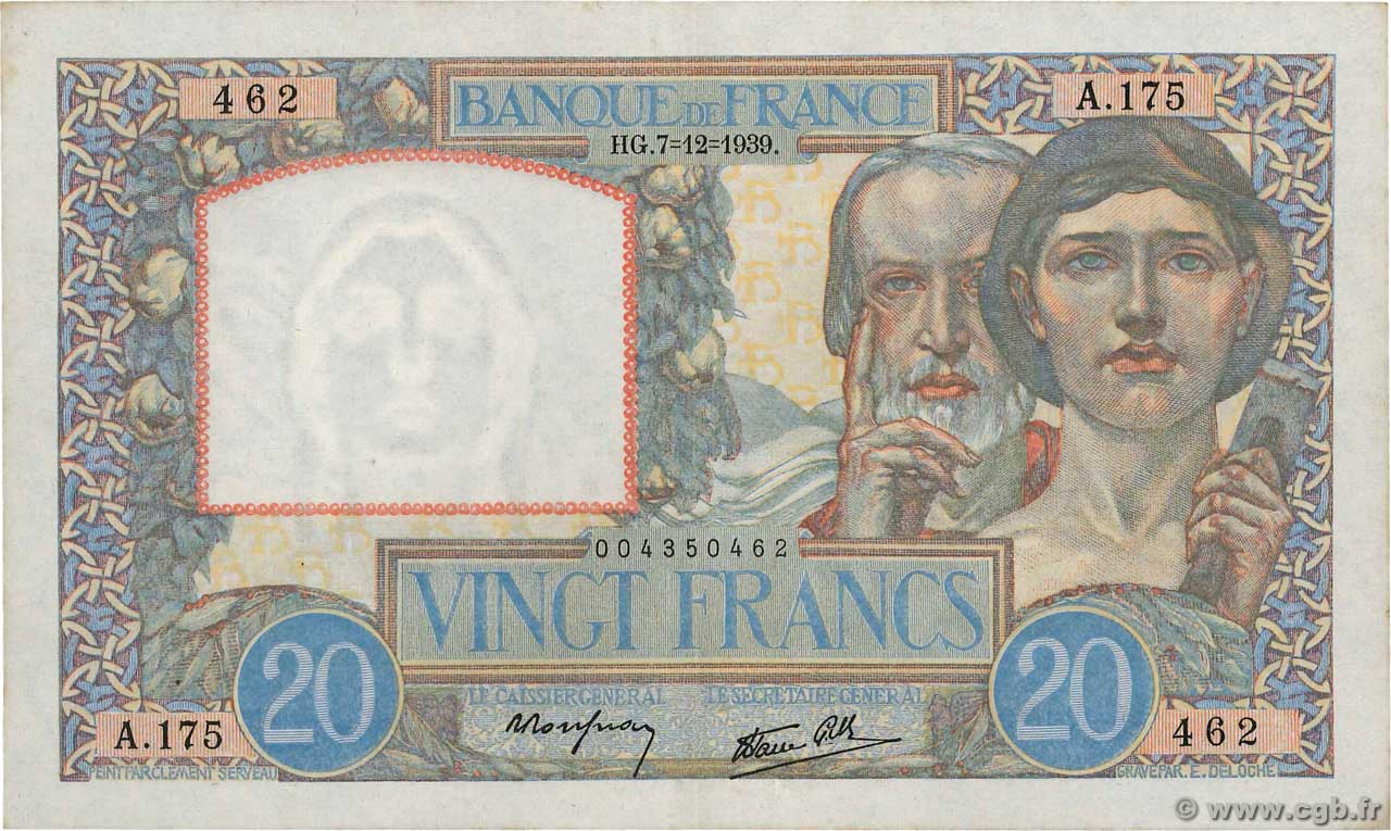 20 Francs TRAVAIL ET SCIENCE FRANCE  1939 F.12.01 XF - AU