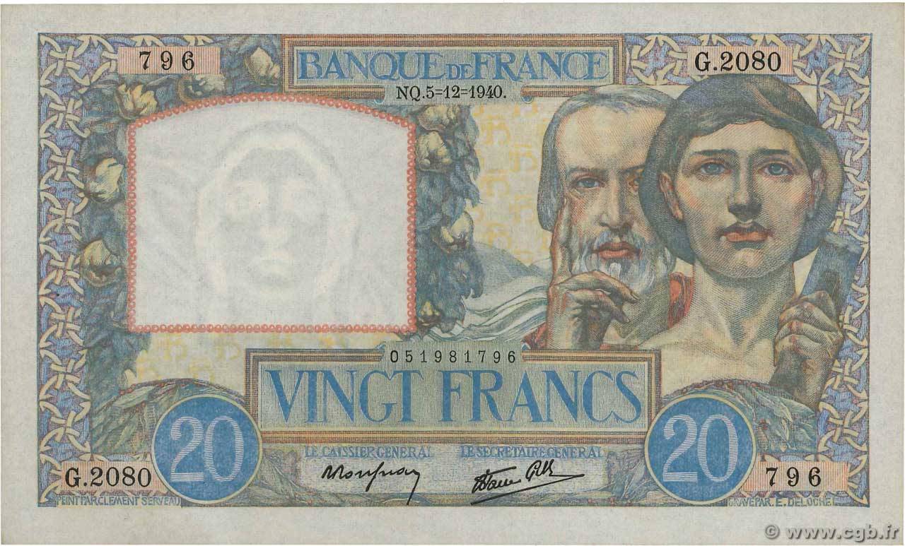 20 Francs TRAVAIL ET SCIENCE FRANCE  1940 F.12.10 UNC