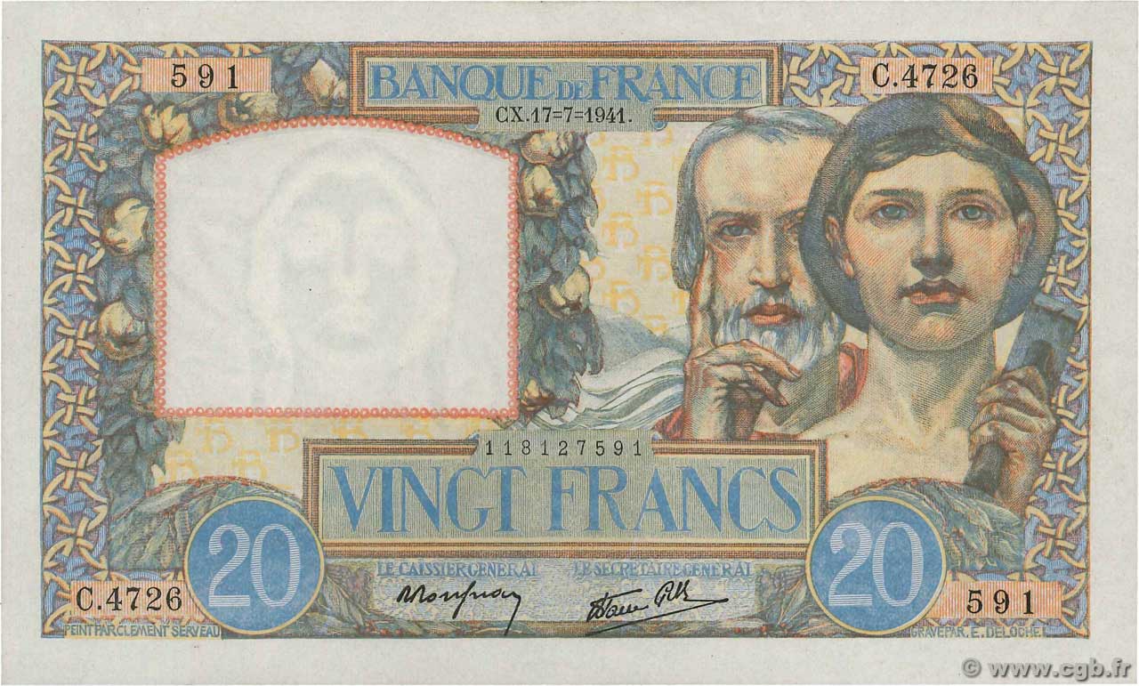 20 Francs TRAVAIL ET SCIENCE FRANCE  1941 F.12.16 UNC-